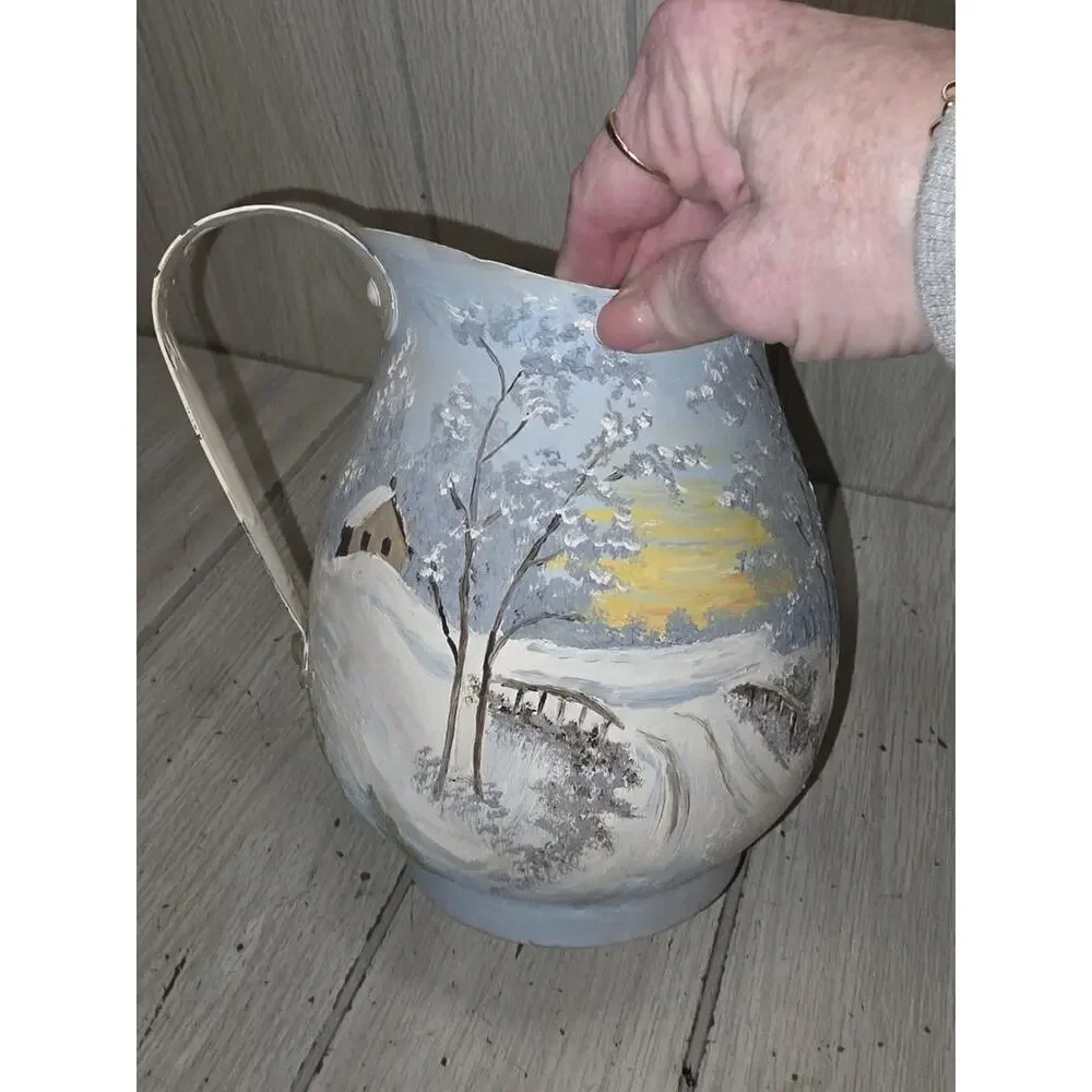 Vintage Hand Painted Metal Pitcher Winter Country Scene Artist Signed Farmhouse